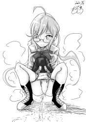 Rule 34 | 1girl, 2020, 20s, absurdres, blush, boots, bow, bowtie, clothes lift, dated, embarrassed, glasses, highres, kantai collection, long hair, long sleeves, looking at viewer, low twintails, makigumo (kancolle), monochrome, musou bw, october, panties, panty pull, peeing, puddle, pussy, shirt, skirt, skirt lift, squatting, steam, tears, trembling, twintails, uncensored, underwear