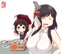 Rule 34 | 2girls, = =, alternate costume, artist logo, bare shoulders, beret, black hair, blue eyes, box, braid, brown hair, cardboard box, cellphone, child&#039;s drawing, commentary request, crayon, dated, drawing, closed eyes, hair ornament, hair over shoulder, hat, highres, holding, holding phone, kanon (kurogane knights), kantai collection, long hair, mikan box, multiple girls, open mouth, paper, phone, red headwear, shigure (kancolle), shirt, signature, single braid, sleeveless, sleeveless shirt, smartphone, sparkle, white shirt, yamashiro (kancolle), aged down