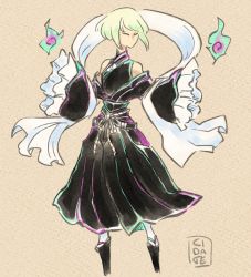 Rule 34 | 1boy, androgynous, black dress, cidate, dress, fire, frilled sleeves, frills, green fire, green hair, lio fotia, long sleeves, mad burnish, male focus, no mouth, off shoulder, ookami (game), parody, pleated dress, promare, purple fire, short hair, sleeves past fingers, sleeves past wrists, solo, style parody, trap