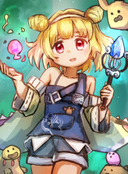 1girl blonde_hair coat denim denim_shorts double_bun duel_monster familiar green_coat hair_bun hairband hatano_kiyoshi holding holding_wand looking_at_viewer overalls red_eyes shorts smile solo wand witchcrafter_potterie yu-gi-oh!