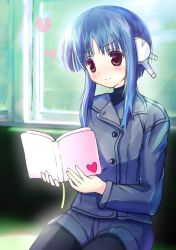 Rule 34 | 1girl, aquaplus, arms up, blue coat, blue hair, blush, book, breasts, closed mouth, coat, commission, fingernails, gradient eyes, highres, hoshimi12, ilfa (to heart), indoors, long sleeves, multicolored eyes, open book, pantyhose, purple eyes, raised eyebrows, reading, robot, robot ears, robot girl, short hair with long locks, shorts, sidelocks, sitting, skeb commission, small breasts, solo, sunlight, to heart, to heart (series), to heart 2, window