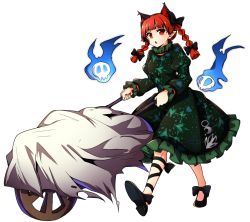 Rule 34 | 1girl, animal ears, baba (baba seimaijo), braid, cat ears, cat tail, full body, highres, kaenbyou rin, multiple tails, red hair, skull, solo, tail, touhou, transparent background, twin braids, wheelbarrow