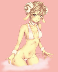 Rule 34 | 1girl, animal ears, bad id, bad pixiv id, bikini, bikini pull, breasts, brown eyes, brown hair, buriteri, clothes pull, collarbone, goat ears, groin, horns, looking at viewer, navel, open mouth, original, pink background, pulling own clothes, short hair, sideboob, simple background, solo, swimsuit, underboob, white bikini, wrist cuffs