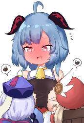 Rule 34 | 3girls, :d, @ @, ahoge, backpack, bag, bailingxiao jiu, bare shoulders, bell, black shirt, blue hair, blush, breast sucking, breastfeeding, breasts, commentary request, cowbell, curled horns, flying sweatdrops, full-face blush, ganyu (genshin impact), genshin impact, hat, highres, horns, klee (genshin impact), light brown hair, long hair, long sleeves, low twintails, medium breasts, multiple girls, open mouth, pointy ears, purple hair, purple headwear, qingdai guanmao, qiqi (genshin impact), red eyes, red headwear, round teeth, shirt, simple background, smile, spoken food, teeth, torn clothes, torn shirt, twintails, upper body, upper teeth only, white background, wide sleeves