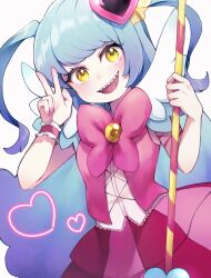 Rule 34 | 1girl, blue hair, bow, bowtie, dress, hair ornament, heart, heart hair ornament, holding, holding wand, lobotomy corporation, long hair, looking at viewer, mikoto0x0, open mouth, pink bow, pink bowtie, pink dress, pink nails, pink vest, project moon, queen of hatred, sharp teeth, simple background, single wrist cuff, smile, solo, teeth, two side up, upper body, v, very long hair, vest, wand, white background, wrist cuffs, yellow eyes