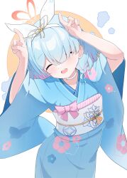 Rule 34 | 1girl, absurdres, alternate costume, arona (blue archive), blue archive, blue hair, blue kimono, blush, braid, choker, closed eyes, commentary, facing viewer, floral print, halo, heart, heart halo, highres, japanese clothes, kimono, long sleeves, nonddu, obi, open mouth, print kimono, red halo, sash, short hair, single braid, smile, solo, symbol-only commentary, white choker, wide sleeves