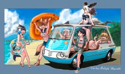 Rule 34 | 6+girls, absurdres, animal ears, arms up, bald eagle (kemono friends), beach, bikini, bird girl, bird tail, bird wings, blonde hair, blue hair, blue sky, brown hair, captain (kemono friends), car, carrying, cetacean tail, common dolphin (kemono friends), day, dhole (kemono friends), dog ears, dolphin girl, dorsal fin, excited, fiat multipla, fins, fish tail, floating hair, full body, grey hair, head fins, head wings, highres, jacket, kemono friends, kemono friends 3, lion (kemono friends), lion ears, lion girl, lion tail, long hair, looking afar, looking at another, lying, medium hair, meerkat (kemono friends), motor vehicle, multicolored hair, multiple girls, navel, ocean, on side, open clothes, open jacket, outdoors, sand, sandals, short hair, shorts, sky, sleepy, smile, standing, stomach, swimsuit, tail, toes, toriny, wings, yawning