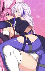 Rule 34 | 2girls, absurdres, animal ears, braid, cameltoe, highres, honkai (series), honkai impact 3rd, kallen kaslana, kallen kaslana (sixth serenade), long hair, multiple girls, nontraditional miko, pink hair, shikniful, thighhighs, white hair, yae sakura, yae sakura (gyakushinn miko), yuri