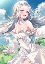 Rule 34 | 1girl, :d, bangs pinned back, blue eyes, blue sky, blush, borrowed character, bow, breasts, cleavage, collarbone, commentary request, commission, day, detached collar, detached sleeves, dress, frilled dress, frilled sleeves, frills, grey hair, hair ornament, highres, kurage cc, long hair, long sleeves, medium breasts, open mouth, original, outdoors, signature, skeb commission, sky, sleeveless, sleeveless dress, smile, solo, spaghetti strap, sunlight, white dress