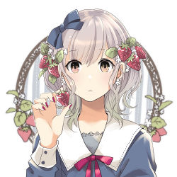 Rule 34 | 1girl, blue bow, blue serafuku, bow, brown eyes, closed mouth, commentary request, flower, food, food-themed hair ornament, fruit, grey hair, hair bow, hair flower, hair ornament, holding, holding food, holding fruit, long sleeves, original, red ribbon, ribbon, sailor collar, school uniform, serafuku, simple background, solo, strawberry, strawberry hair ornament, upper body, white background, white sailor collar, yamamoto makuya