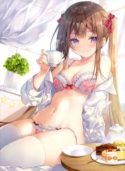 Rule 34 | 1girl, absurdres, bare shoulders, blush, bow, bow panties, bra, breasts, brown hair, cake, cake slice, cleavage, closed mouth, collarbone, collared shirt, cup, detexted, dress shirt, eyelashes, fingernails, food, fruit, hair ribbon, highres, holding, holding cup, lace, lace-trimmed bra, lace-trimmed panties, lace trim, long hair, long sleeves, looking at viewer, medium breasts, melonbooks, miwabe sakura, nail polish, off shoulder, open clothes, open shirt, original, panties, pastry, pink bra, pink nails, pink panties, plate, red bow, red ribbon, ribbon, shirt, sidelocks, sitting, smile, solo, strawberry, string panties, sweets, tea, teapot, thighhighs, third-party edit, twintails, underwear, very long hair, white shirt, white thighhighs, wing collar