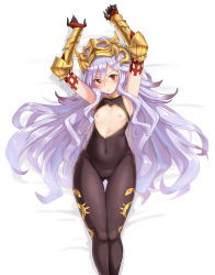 Rule 34 | 1girl, armor, armpits, arms up, blush, bodysuit, breasts, cameltoe, commentary request, covered navel, elbow gloves, gloves, gluteal fold, gold trim, granblue fantasy, hair between eyes, headpiece, highres, light purple hair, long hair, looking at viewer, lying, medusa (shingeki no bahamut), nipples, on back, pointy ears, red eyes, red gloves, shingeki no bahamut, skin tight, small breasts, solo, thigh gap, thighs, very long hair, wide hips, zaxwu