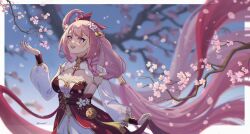 Rule 34 | 1girl, :d, blurry, blurry background, branch, breasts, cleavage, commentary, depth of field, dress, elysia (honkai impact), english commentary, floating hair, flower, hair rings, hand up, highres, honkai (series), honkai impact 3rd, long hair, long sleeves, looking away, medium breasts, open mouth, pink flower, pink hair, puffy long sleeves, puffy sleeves, purple eyes, red dress, smile, solo, tsuume, very long hair
