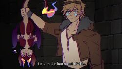 Rule 34 | 1boy, blonde hair, blue eyes, brick wall, brown gloves, brown jacket, collarbone, cowboy shot, dungeon meshi, english text, ezreal, fingerless gloves, fire, gloves, hair between eyes, highres, holding, jacket, league of legends, open clothes, open jacket, shirt tucked in, short hair, smolder (league of legends), sudo (pseudostars)