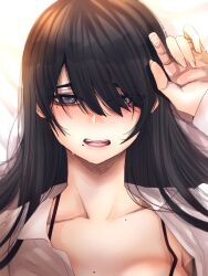 Rule 34 | 1girl, black hair, blue eyes, blush, bra strap, breasts, earrings, embarrassed, fingernails, hair between eyes, hair over eyes, hand up, highres, hoshi san 3, jewelry, long hair, long sleeves, looking at viewer, lying, medium breasts, mole, mole on breast, mole under eye, mole under mouth, on back, on bed, open clothes, open mouth, open shirt, original, out-of-frame censoring, shirt, solo, strap gap, upper body, white shirt