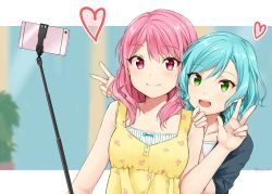 Rule 34 | 2girls, :d, aqua hair, bang dream!, blurry, blurry background, braid, cellphone, commentary request, green eyes, hand on another&#039;s shoulder, heart, hikawa hina, long hair, maruyama aya, multiple girls, open mouth, phone, pink eyes, pink hair, selfie stick, smile, tarachine, twitter username, v, w, wavy hair
