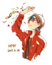 Rule 34 | 1boy, :|, arm up, blue hair, brown hair, brown shirt, casual, closed mouth, collared jacket, commentary request, confetti, cropped torso, dated, double-parted bangs, fingernails, flower (symbol), gradient background, happy birthday, jacket, kagerou project, kisaragi shintarou, long sleeves, looking at hand, looking up, male focus, multicolored hair, paper chain, partial commentary, red jacket, shirt, short hair, solo, streaked hair, t-shirt, track jacket, traditional media, upper body, wastegoma, white background
