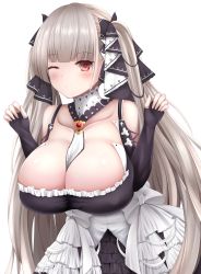 Rule 34 | 1girl, azur lane, bare shoulders, black dress, breasts, cleavage, clothing cutout, dress, formidable (azur lane), frilled dress, frills, gintokyhenry, gothic lolita, grey hair, hair ribbon, highres, huge breasts, lolita fashion, long hair, neckwear between breasts, one eye closed, red eyes, ribbon, shoulder cutout, simple background, solo, twintails, two-tone dress, two-tone ribbon, very long hair, white background