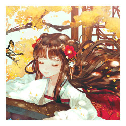 Rule 34 | 1girl, blunt bangs, border, branch, brown hair, bug, butterfly, chinese clothes, closed eyes, closed mouth, collarbone, double bun, flower, hair bun, hair flower, hair ornament, hanfu, insect, long hair, long sleeves, original, railing, red flower, say hana, side bun, sleeves past fingers, sleeves past wrists, solo, very long hair, white border, wide sleeves