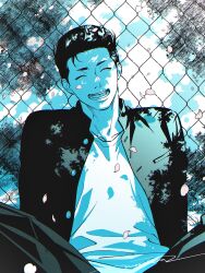 Rule 34 | 1boy, aqua theme, blue theme, closed eyes, dappled sunlight, day, falling petals, gakuran, hair slicked back, happy, highres, jacket, male focus, mito youhei, moge-hera, monochrome, on bench, open clothes, open jacket, open mouth, outdoors, pants, petals, pompadour, school uniform, shirt, short hair, sitting, slam dunk (series), smile, solo, sunlight, tree shade, wire fence