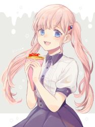 Rule 34 | 10s, 1girl, :d, alternate eye color, blue eyes, blunt bangs, character name, food, food on face, fruit, hair ornament, hairclip, holding, holding food, koi to uso, long hair, open mouth, pink hair, puffy short sleeves, puffy sleeves, purimo (xxxmofmof), sanada ririna, short sleeves, simple background, smile, solo, strawberry, twintails, very long hair