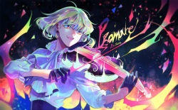 Rule 34 | 1boy, ascot, bae (baebae), black gloves, bow (music), character name, colored eyelashes, colorful, copyright name, earrings, fire, frilled shirt collar, frills, gloves, green hair, half gloves, instrument, jewelry, lio fotia, male focus, music, playing instrument, promare, solo, violin