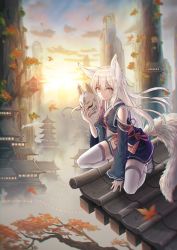 Rule 34 | 1girl, animal ears, autumn leaves, blush, closed mouth, fox ears, fox mask, highres, holding, holding mask, leaf, long hair, looking at viewer, maple leaf, mask, original, outdoors, red eyes, sandals, smile, squatting, teraguchi, thighhighs, white hair, white thighhighs