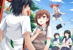 Rule 34 | 1boy, 4girls, bag, between fingers, black hair, briefcase, brown eyes, brown hair, hair ornament, hairclip, highres, holding, jumping, kamijou touma, misaka mikoto, mmrailgun, multiple girls, no eyes, saten ruiko, school briefcase, school uniform, serafuku, shaded face, shirai kuroko, short hair, sweater vest, toaru kagaku no railgun, toaru majutsu no index, uiharu kazari, vending machine