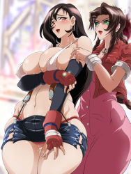 Rule 34 | 1990s (style), 2girls, aerith gainsborough, black hair, blush, bracelet, breasts, brown hair, cleavage, covered erect nipples, dress, elbow gloves, female focus, final fantasy, final fantasy vii, fingerless gloves, gloves, green eyes, hip focus, huge breasts, jacket, jewelry, large breasts, long hair, mafuri marimo, microskirt, midriff, multiple girls, no bra, open mouth, panties, red eyes, red panties, red ribbon, retro artstyle, ribbon, skirt, square enix, suspenders, sweat, tank top, thick thighs, thighs, tifa lockhart, underwear, wide hips, yuri