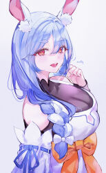 Rule 34 | 1girl, :d, absurdres, animal ear fluff, animal ears, blue hair, bow, braid, breasts, detached sleeves, dress, hair bow, hair over shoulder, highres, hololive, large breasts, looking at viewer, mile (off8mile), multicolored hair, open mouth, pekomama, rabbit ears, red eyes, simple background, smile, solo, streaked hair, thick eyebrows, upper body, virtual youtuber, white dress, white hair