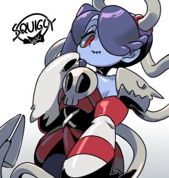 1girl 770mk blue_hair blue_skin character_name colored_skin detached_collar detached_sleeves dress gradient_background grey_background hair_over_one_eye looking_at_viewer red_eyes side_ponytail skullgirls smile solo squigly_(skullgirls) stitched_mouth stitches striped_sleeves zombie