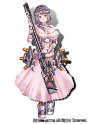 Rule 34 | 1girl, armlet, braid, breasts, brown eyes, brown hair, cleavage, dress, full body, gun, hair over shoulder, hat, highres, holding, holding gun, holding weapon, large breasts, litgear, looking at viewer, medium hair, official art, pink dress, ribbed dress, smile, socks, solo, standing, striped clothes, striped legwear, striped socks, tsuyukusa aoi, vertical-striped clothes, vertical-striped socks, watermark, weapon