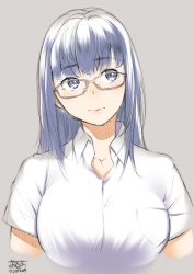 Rule 34 | 1girl, bad id, bad twitter id, blue eyes, blue hair, breast pocket, breasts, dated, eyebrows, glasses, large breasts, lips, long hair, matching hair/eyes, ojo (dfreak), pocket, purple background, purple eyes, shirt, short sleeves, signature, simple background, solo, upper body, white shirt, wing collar