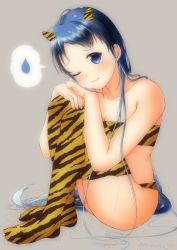 Rule 34 | 1girl, animal print, beans, bikini, blue eyes, blue hair, commentary request, gradient hair, grey background, horns, hugging own legs, kantai collection, long hair, mae (maesanpicture), multicolored hair, oni horns, samidare (kancolle), simple background, sitting, solo, spoken sweatdrop, strapless, strapless bikini, sweatdrop, swept bangs, swimsuit, thighhighs, tiger print, very long hair, yellow bikini, yellow thighhighs