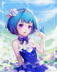Rule 34 | 1girl, ahoge, animal ears, artist name, bad id, bad pixiv id, blue dress, blue flower, blue hair, blue rose, breasts, bug, butterfly, butterfly on hand, choker, cloud, day, dress, eyebrows, eyelashes, field, flower, flower field, framed, hair flower, hair ornament, insect, liuzexiong, original, parted lips, purple eyes, ribbon, rose, sky, small breasts, solo, strapless, strapless dress, upper body, watermark
