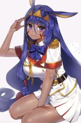 Rule 34 | 1girl, animal ears, bare legs, belt, between legs, black belt, blue bow, blue hair, bow, closed mouth, collared shirt, commentary request, dark-skinned female, dark skin, earrings, egyptian, epaulettes, facepaint, facial mark, fate/grand order, fate (series), gijang, grey background, hair between eyes, hand between legs, hand up, headband, hoop earrings, jackal ears, jewelry, long hair, looking at viewer, low-tied long hair, medjed (fate), military, nitocris (fate), nitocris (formal dress) (fate), salute, shiny skin, shirt, short sleeves, simple background, sitting, skirt, smile, solo, solo focus, very long hair, white skirt