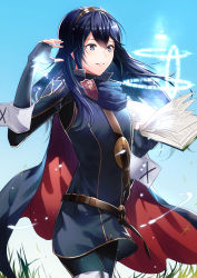 Rule 34 | 1girl, ameno (a meno0), armor, belt, black sweater, blue cape, blue eyes, blue gloves, blue hair, blue sky, book, brown belt, cape, day, fingerless gloves, fire emblem, fire emblem awakening, gloves, grass, grin, hair between eyes, highres, holding, holding book, long hair, long sleeves, looking away, lucina (fire emblem), magic, nintendo, open book, outdoors, red cape, ribbed sweater, shoulder armor, sky, smile, solo, sweater, symbol-shaped pupils, teeth, tiara, turtleneck, turtleneck sweater, two-tone cape