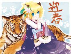 Rule 34 | animal ears, japanese clothes, kimono, new year, original, solo, tiger, tiger ears, yukitarou (awamori)