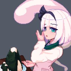 Rule 34 | 1girl, black bow, black hairband, blunt bangs, blush, bow, bow hairband, brodall pixel, collared shirt, commentary, food, food on hand, ghost, green eyes, green vest, grey background, hairband, hitodama, konpaku youmu, konpaku youmu (ghost), long sleeves, looking at viewer, looking to the side, medium hair, nori (seaweed), onigiri, open mouth, pixel art, plate, rice, shirt, simple background, solo, touhou, vest, white hair, white shirt