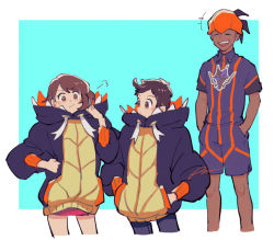 Rule 34 | +++, 1girl, 2boys, :d, puff of air, blue background, blush, border, borrowed clothes, brown eyes, brown hair, closed mouth, collared shirt, commentary request, creatures (company), dark-skinned male, dark skin, game freak, gloria (pokemon), headband, hood, hood down, hoodie, knees, laughing, looking down, multiple boys, nintendo, open mouth, orange headband, oversized clothes, pokemon, pokemon swsh, raihan (pokemon), sagemaru-br, shirt, short hair, short sleeves, shorts, smile, teeth, upper teeth only, victor (pokemon), white border