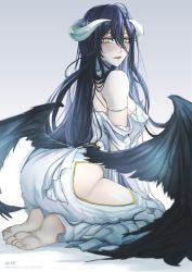 Rule 34 | 1girl, aboleuk, absurdres, albedo (overlord), ass, bare shoulders, barefoot, black hair, black wings, blush, dress, feathered wings, feet, from behind, gradient background, grey background, hair between eyes, highres, horns, kneeling, long hair, looking at viewer, looking back, low wings, open mouth, overlord (maruyama), side slit, slit pupils, soles, solo, toes, white dress, wings, yellow eyes