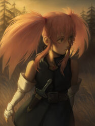 Rule 34 | 1girl, belt, blue dress, blue eyes, blush, closed mouth, dagger, dim lighting, dress, elbow gloves, fingerless gloves, forest, gloves, grasslands, hair between eyes, highres, kazuko (towa), knife, long hair, looking to the side, nature, pink hair, presea combatir, sheath, sheathed, solo, tales of (series), tales of symphonia, twintails, weapon
