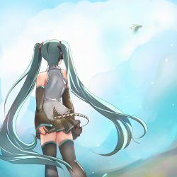 Rule 34 | 1girl, aqua eyes, aqua hair, detached sleeves, female focus, from behind, hatsune miku, long hair, outdoors, panties, skirt, sky, solo, striped clothes, striped panties, suoni (deeperocean), thighhighs, twintails, underwear, very long hair, vocaloid, wind