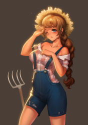 Rule 34 | 1girl, absurdres, alvin ding, bare shoulders, blue eyes, braid, breasts, brown hair, commentary, cowboy shot, dress shirt, farmer, hat, highres, long hair, looking at viewer, medium breasts, off shoulder, one eye closed, original, overalls, pitchfork, plaid, plaid shirt, shirt, short sleeves, simple background, solo, strap slip, straw hat, sun hat, sweat, torn clothes