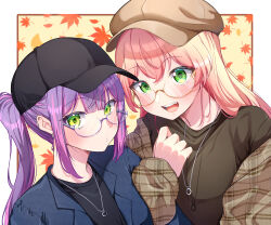 2girls absurdres alternate_costume alternate_hairstyle arm_hug autumn_leaves baseball_cap bespectacled black_hat black_shirt blonde_hair blue_jacket blush brown_coat brown_hat brown_shirt cabbie_hat coat commentary_request fang glasses green_eyes hair_down hat height_difference highres hololive jacket jewelry long_hair looking_at_viewer momosuzu_nene multicolored_hair multiple_girls necklace okome_0628 open_mouth outside_border pink_hair plaid_clothes plaid_coat puckered_lips purple_hair ring ring_necklace shirt streaked_hair tokoyami_towa upper_body virtual_youtuber yuri