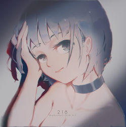 Rule 34 | 1girl, artist name, bare shoulders, blue hair, breasts, choker, chromatic aberration, cleavage, close-up, dated, grey eyes, hand on own head, highres, looking at viewer, original, portrait, shadow, short hair, solo, wudi sao nian