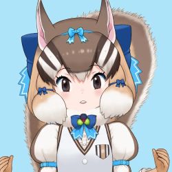 Rule 34 | 1girl, animal costume, animal ear fluff, animal ears, black eyes, bow, bowtie, brown hair, kemono friends, kemono friends v project, long hair, looking at viewer, microphone, multicolored hair, official art, open mouth, shirt, siberian chipmunk (kemono friends), simple background, smile, solo, tail, virtual youtuber, white hair, yoshizaki mine