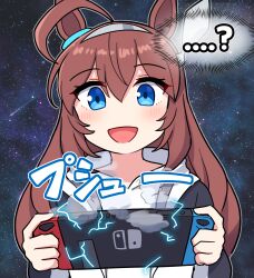 Rule 34 | ...?, 1girl, :d, ahoge, animal ears, blue eyes, brown hair, commentary request, electricity, grey hairband, hair between eyes, hairband, highres, holding, hood, hood down, hooded jacket, horse ears, jacket, long hair, mihono bourbon (umamusume), nintendo switch, open clothes, open jacket, open mouth, shirt, smile, smoke, solo, space, star (sky), takiki, umamusume, upper body, very long hair, white jacket, white shirt