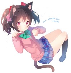 Rule 34 | 10s, 1girl, animal ears, black hair, black socks, blush, bow, bowtie, cardigan, cat ears, cat tail, english text, full body, hair bow, heart, hitsukuya, kemonomimi mode, kneehighs, long sleeves, looking at viewer, love live!, love live! school idol project, miniskirt, paw pose, plaid, plaid skirt, red eyes, school uniform, simple background, skirt, socks, solo, striped bow, striped bowtie, striped clothes, striped neckwear, tail, text focus, twintails, white background, yazawa nico