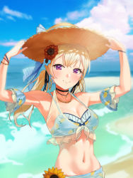 Rule 34 | 1girl, absurdres, alternate hairstyle, arm scrunchie, armpits, bang dream!, bare shoulders, beach, bikini, black choker, blonde hair, blue bikini, blue sky, blurry, blurry background, blush, bracelet, breasts, choker, cleavage, cloud, collarbone, commentary, day, earrings, eyebrows hidden by hair, flower, front-tie bikini top, front-tie top, gom (kooskoo), groin, hair flower, hair ornament, hands up, hat, hat ribbon, highres, holding, holding clothes, holding hat, hoop earrings, jewelry, layered bikini, long hair, looking at viewer, low twintails, medium breasts, midriff, navel, necklace, ocean, outdoors, plaid, plaid ribbon, print bikini, purple eyes, ribbon, sarong, shirasagi chisato, sidelocks, sky, smile, solo, standing, sun hat, sunflower, sunlight, swimsuit, twintails, upper body, wristband